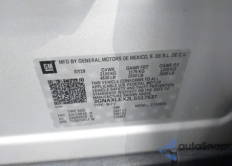 2020 Chevrolet Equinox Fwd Lt 2.0L Turbo из США, поврежденный, VIN 3GNAXLEX2LS517537